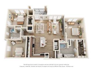 C1 three-bedroom floorplan at 33hundred Apartments in Austin TX 78728 featuring expansive living room, large kitchen, three bedrooms, and two full bathrooms.