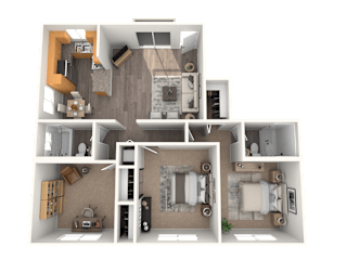 A 3D floor plan of a house with multiple rooms and furniture.