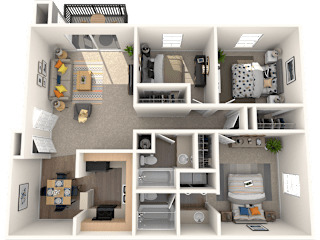 Tampa, FL Apartments – The Commons - 3D floorplan of our 3 bedroom 2 bathroom apartment