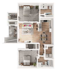 A top-down view of a modern apartment layout with a living room, kitchen, and bedroom.