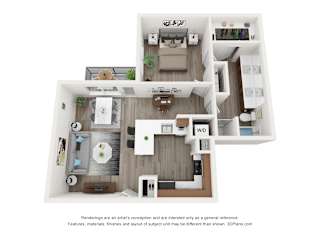 a 3d floor plan of a 1 bedroom apartment