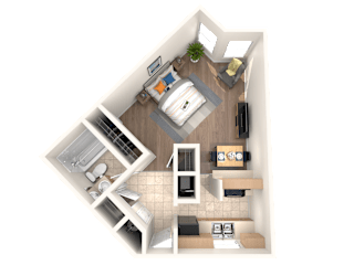 A top-down view of a small apartment with a kitchen, living room, and bathroom.