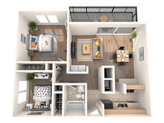 A 3D floor plan of a small apartment with a living room, kitchen, and bathroom.
