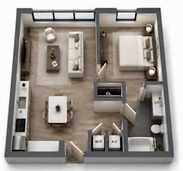 A2 one-bedroom apartment floor plan at MB Station in Miami, FL featuring a large living area, modern kitchen, private bedroom suite, full bathroom, and outdoor space. Pet-friendly apartments near Coral Way, Coconut Grove, and Downtown Miami.