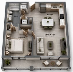 A4 one-bedroom apartment floor plan at MB Station in Miami, FL featuring an expansive great room, modern kitchen, private bedroom, full bath, and outdoor living area. Pet-friendly apartments near The Roads and Brickell.
