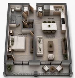 A5 one-bedroom apartment floor plan at MB Station apartments in Miami featuring an open-concept living and dining space, modern kitchen, spacious bedroom, full bathroom, and balcony. Apartments near Coral Way, Shenandoah, and Coconut Grove.