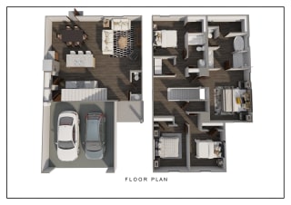 A floor plan of a house with two cars parked in the garage.