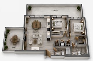 B3 two-bedroom apartment floor plan at MB Station apartments featuring spacious bedrooms, modern bathrooms, an open living and dining area, contemporary kitchen, and oversized terrace. Pet-friendly Miami apartments near Shenandoah and Coconut Grove.