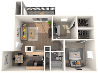 a rendering of a 3d floor plan with a bedroom and a living room