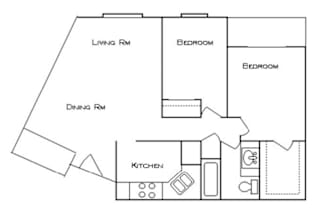 A floor plan of a small apartment with a living room, dining room, kitchen, and two bedrooms.
