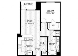 1 bed  1 Bath 772 square feet floor plan A3