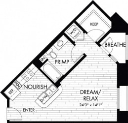Studio 1 Bath 532 square feet floor plan S1
