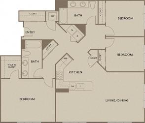 3 bed 2 bath 1206-1466 square feet floor plan Urban Flats