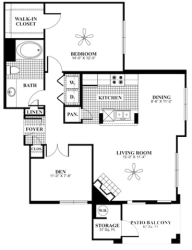 1 bed 1 Bath 975 square feet Calm + Den floor plan