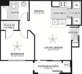 1 bed 1 Bath 615 square feet Comfort floor plan