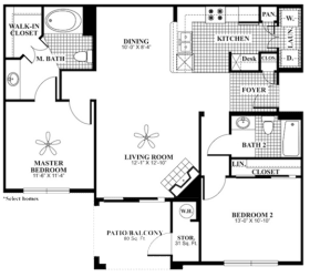 2 bed 2 Bath 1085 square feet Peace floor plan