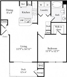 1 Bed 1 Bath 728 square feet floor plan Plan A
