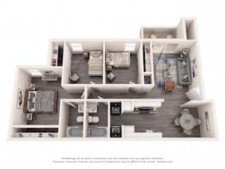 A 3D floor plan of an apartment with a kitchen, living room, and bedrooms.