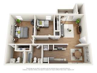 Renovated 2 bedroom 2 bathroom apartment floor plan in Gainesville, FL with 876 sq ft, modern kitchen, open living space, and spacious bedrooms at Chelsea Apartments