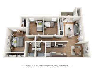 Renovated 3 bedroom 2 bathroom apartment floor plan in Gainesville, FL with 1,012 sq ft, open-concept layout, modern kitchen, and large bedrooms at Chelsea Apartments near University of Florida
