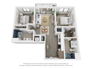 A 3D floor plan of a house with a kitchen, living room, dining room, and bedrooms.