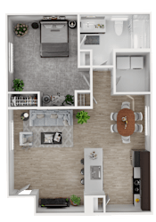 A top-down view of a modern apartment layout with a kitchen, living room, and bathroom.