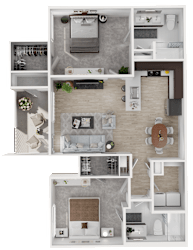 A top-down view of a small apartment layout with a kitchen, living room, and bathroom.