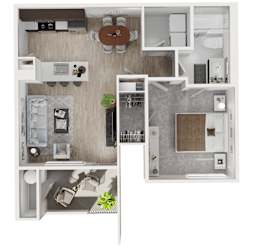 A top-down view of a small apartment with a kitchen, living room, and bathroom.
