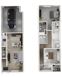 A top-down view of a car and a split-level floor plan of a house.