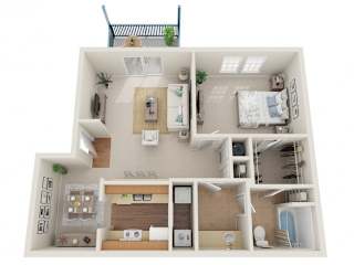 Floorplan of The Dixie 1-bedroom, 1-bath apartment at Lancaster Place Apartments in Calera, Alabama, 895 sq. ft., including living spaces and kitchen layout.