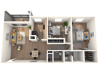 Apartments in Tampa, FL for Rent – Belara Lakes – 3D floorplan of our 2 bed, 1 bath, 971 sq. ft. Dove floorplan