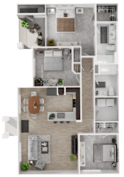 A top-down view of a house layout with a kitchen, living room, and bathrooms.