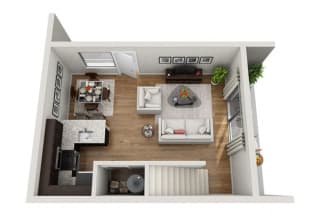 2 Bed 1 Bath 895 square feet floor plan townhouse 3d furnished