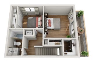 2 Bed 1 Bath 895 square feet floor plan townhouse 3d furnished