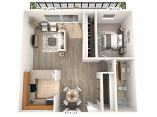 A 3D floor plan of a small apartment with a kitchen, living room, and bedrooms.