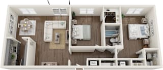 2 bedroom 1.5 bathroom floor plan at Square One Apartments in Gainesville FL featuring spacious layout and pet-friendly apartments for rent near downtown Gainesville
