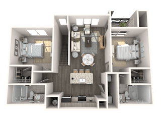 Islamorada two-bedroom, two-bath apartment floor plan at The Ridley Apartments near Mayo Clinic Jacksonville offering 1,091 square feet.