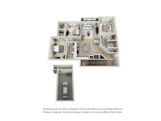 A floor plan of a house with a garage and a car.