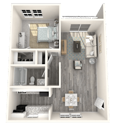 A 3D rendered image of a small, modern apartment layout.