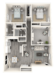 A 3D floor plan of a small apartment with two bedrooms and a living area.