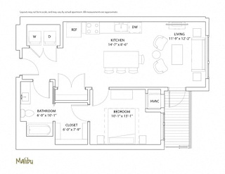 Floor Plan 1 Bed 1 Bath Malibu