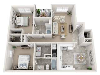 The English 2-bedroom, 2-bath floor plan at Twin Oaks Apartments in Hattiesburg, MS – 1,112 sq. ft.