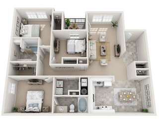 The Southern 3-bedroom, 2-bath floor plan at Twin Oaks Apartments in Hattiesburg, MS – 1,365 sq. ft.