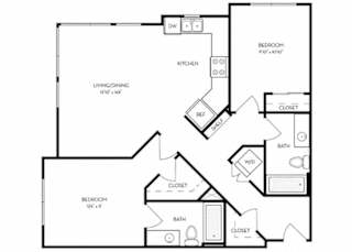 2 Bed 2 Bath 1033 square feet floor plan C1