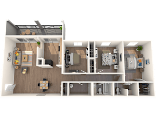Pet-Friendly Apartments in Tampa, FL – Belara Lakes – 3D floorplan of our 3 bed, 2 bath, 1450 sq. ft. Osprey Floorplan