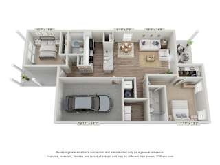 Foley, AL Homes for Rent – Outpost Orchard Residential – 3D floorplan of our 2 bedroom 2 bathroom Cypress floorplan.
