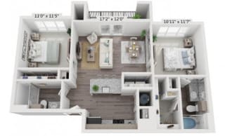 2 bedroom apartment floorplan in Georgetown TX near I-35 corridor, 923 sq ft at Williamson at the Overlook