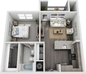 Bungalow one-bedroom, one-bath apartment floor plan at The Ridley Apartments in Jacksonville, FL near St. Johns Town Center featuring 644 square feet.