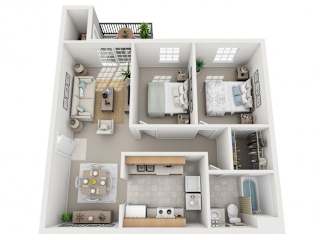 Rutland Place Apartments Aqua floor plan, two-bedroom, one-bath with 1,037 sq. ft., pet-friendly apartments in Macon, Georgia