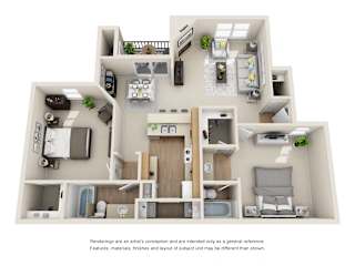 2 Bed - 2 Bath, 1050 sq ft, The Chamonix H Floor Plan